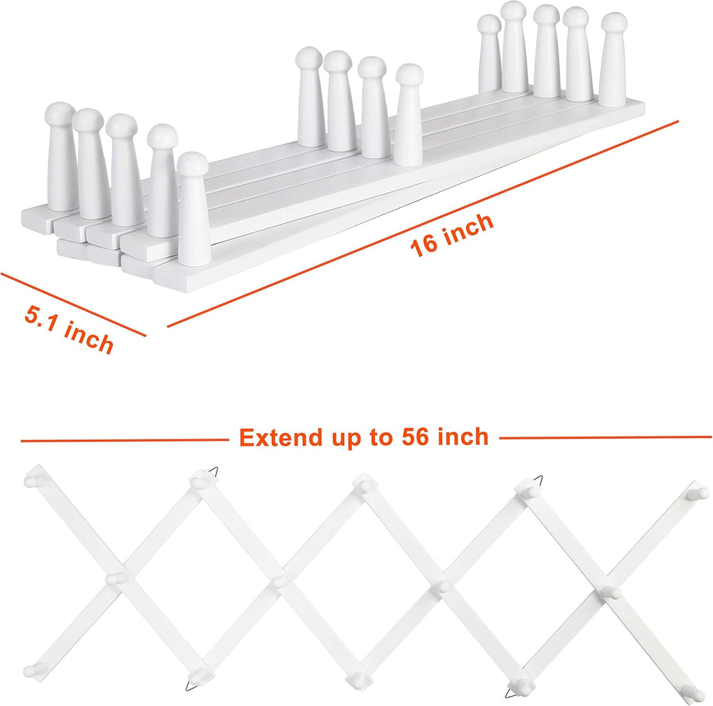 Dseap Accordian Wall Hanger: 16” High Wooden Wall Expandable Coat Rack, Hat Rack Holder, Accordion Hook for Baseball Caps, Coats, Mugs, 14 Peg Hooks, White