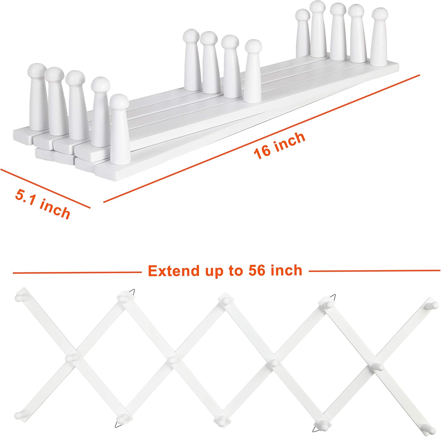 Dseap Accordian Wall Hanger: 16” High Wooden Wall Expandable Coat Rack, Hat Rack Holder, Accordion Hook for Baseball Caps, Coats, Mugs, 14 Peg Hooks, White