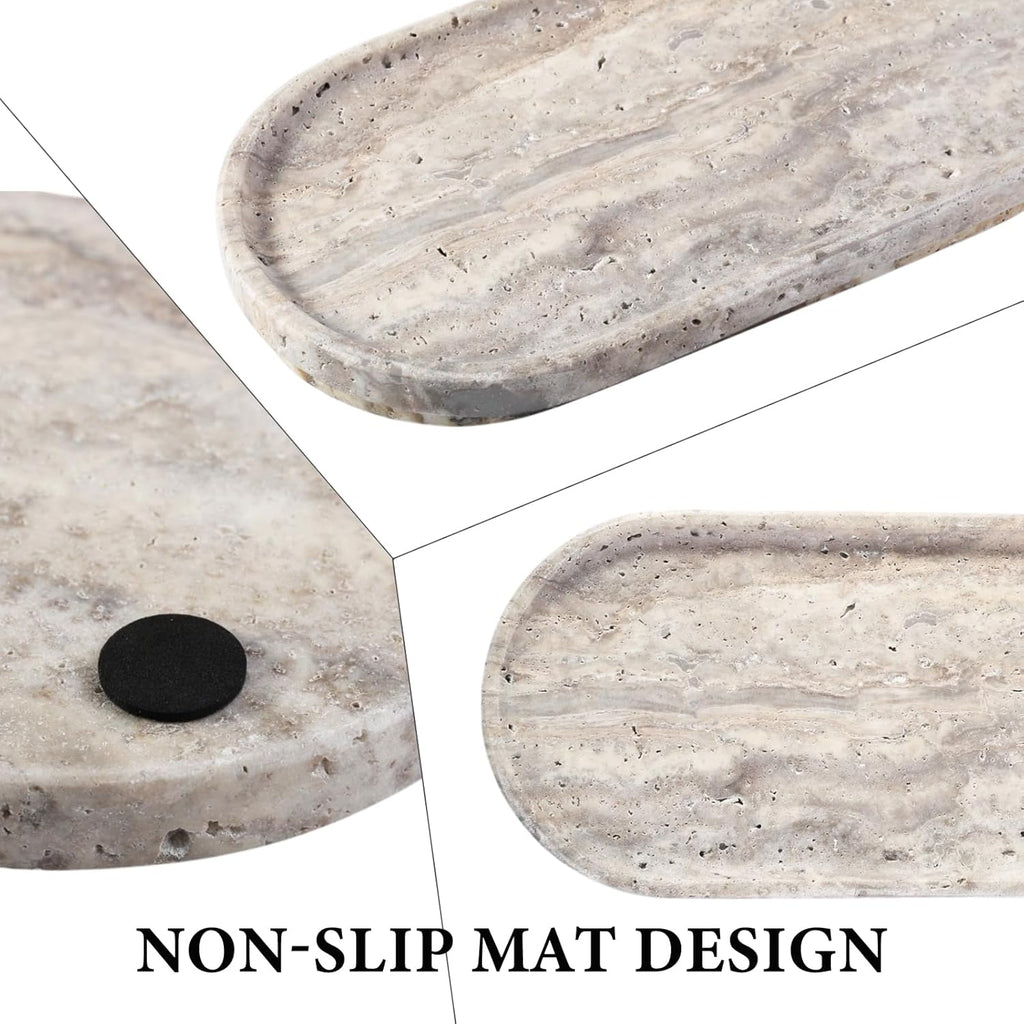 Koville Natural Travertine Tray for Bathroom Countertop, 12"x6" Vanity Decorative Marble Tray for Perfume, Candles, Jewelry, Stone Catchall Trays Jewelry Dish, Silver Stone Trays for Kitchen Counter