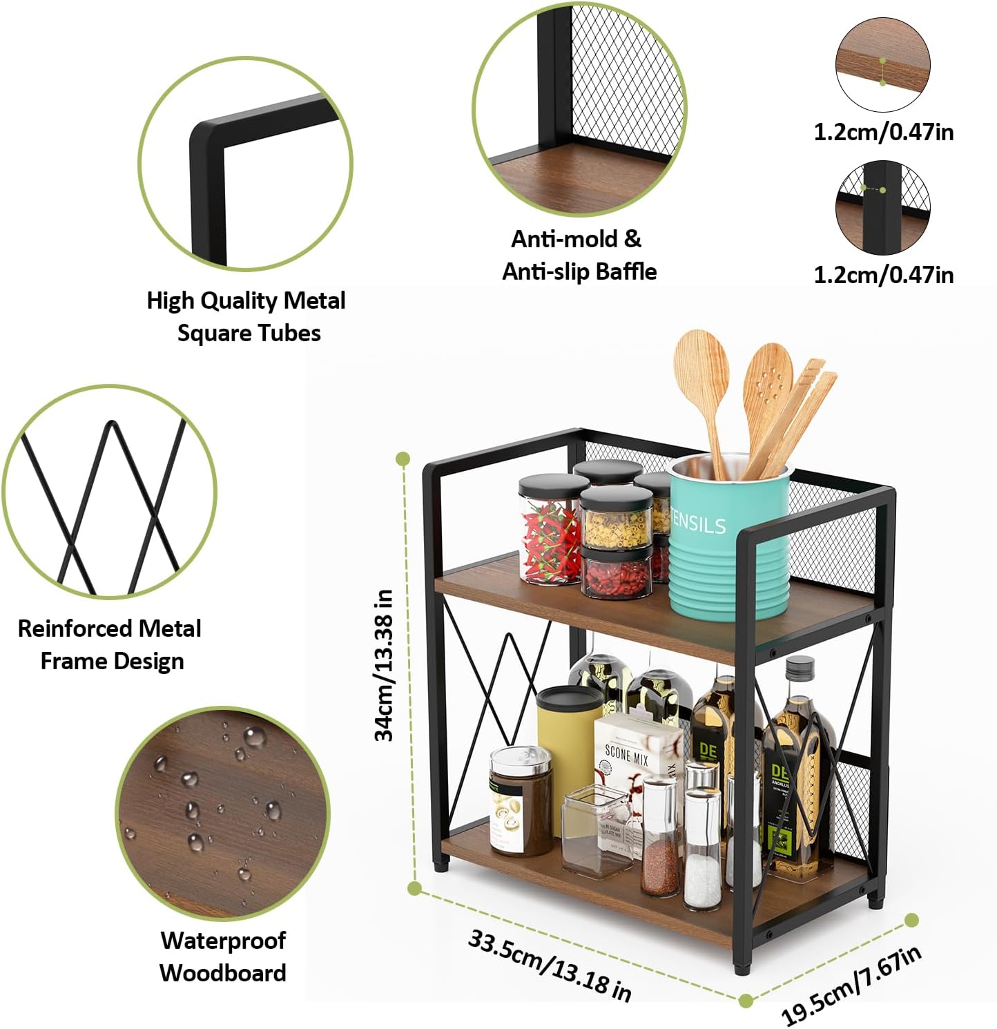 Aduanbang Coffee Bar Accessories Organizer, Seasoning Organizer, 2 Tier Wooden Kitchen Counter Shelf, Coffee Organizer Station for Countertop, Coffee Condiment Rack for Mugs, Cups, Cream, Syrup