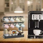 Coffee Mug Holder for Countertop, Cup Holder Rack with Slidable 16 Hooks, Large Mug Holder with Storage Base for Coffee Bar, Kitchen, Dining Room - Black