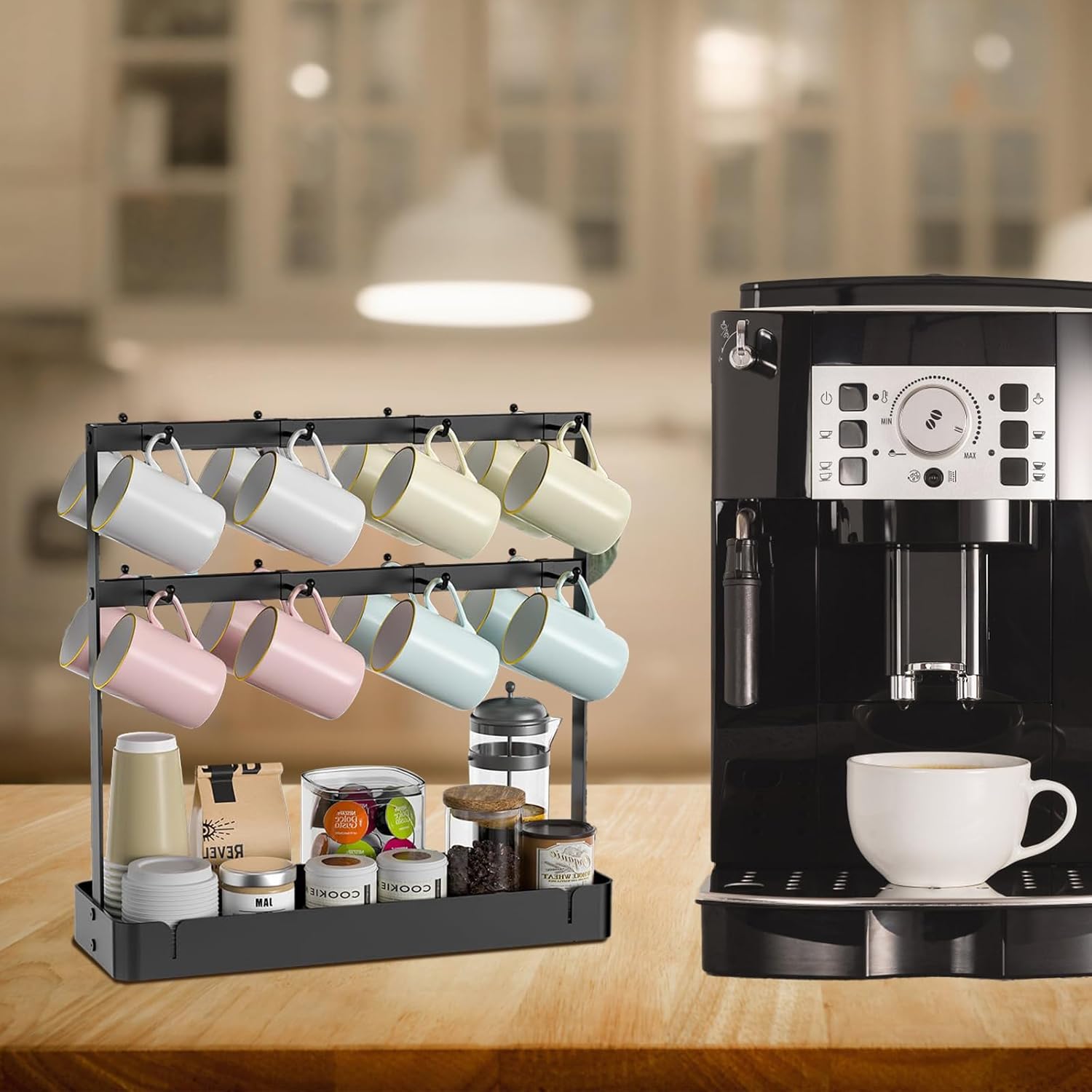 Coffee Mug Holder for Countertop, Cup Holder Rack with Slidable 16 Hooks, Large Mug Holder with Storage Base for Coffee Bar, Kitchen, Dining Room - Black