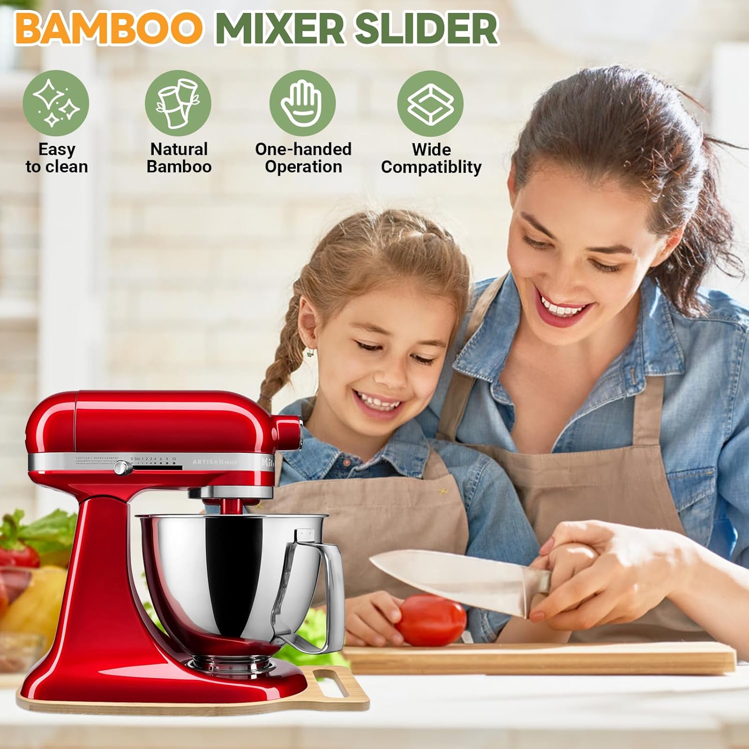 Mixer Slider Compatible with Kitchen aid Bowl Lift 4 .5-5 Qt Stand Mixer Natural Bamboo - Kitchen Countertop Storage Mover Sliding Caddy for Kitchen Aid 4 .5-5 Qt Mixer (Natural)