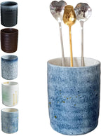 Stoneware Coffee Bar Utensil Holder Tea & Coffee Spoon & Stirrer Holder for Stir Stick Straw Teaspoon Holder Spoon Cup Small Utensil Jar (Sea blue)