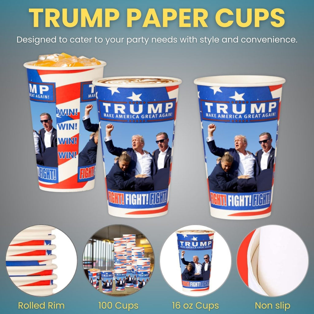 Smygoods Trump Design Disposable Paper Coffee Cups (16 OZ, 100 Count) For Hot Beverages, Tea, Espresso, Cocoa - To Go Drink Containers, Café & Office