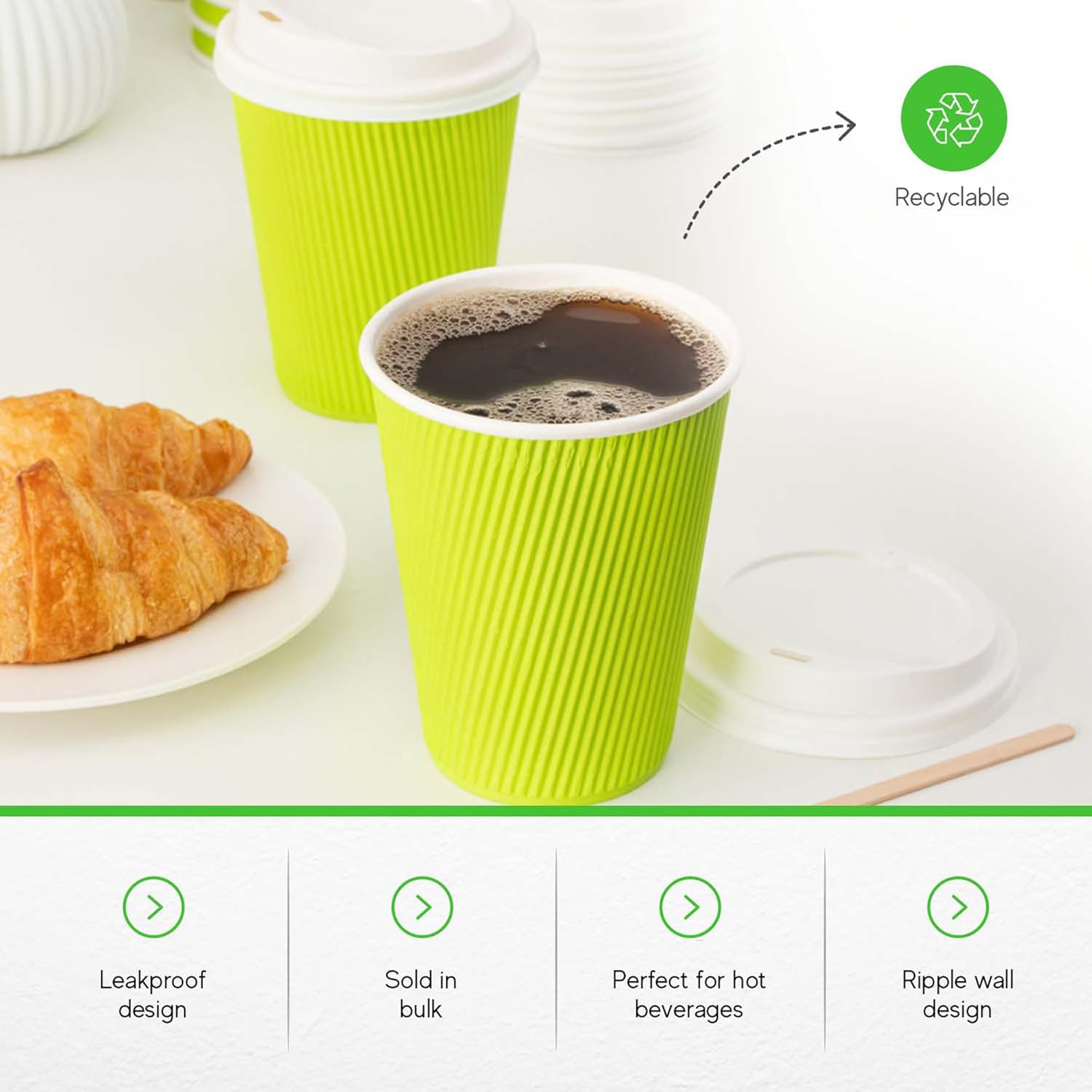 Restaurantware-12 Ounce Disposable Coffee Cups, 500 Ripple Wall Hot Cups For Coffee - Lids Sold Separately, Rolled Rim, Green Paper Insulated Coffee Cups, For Hot Coffee, Tea, And More