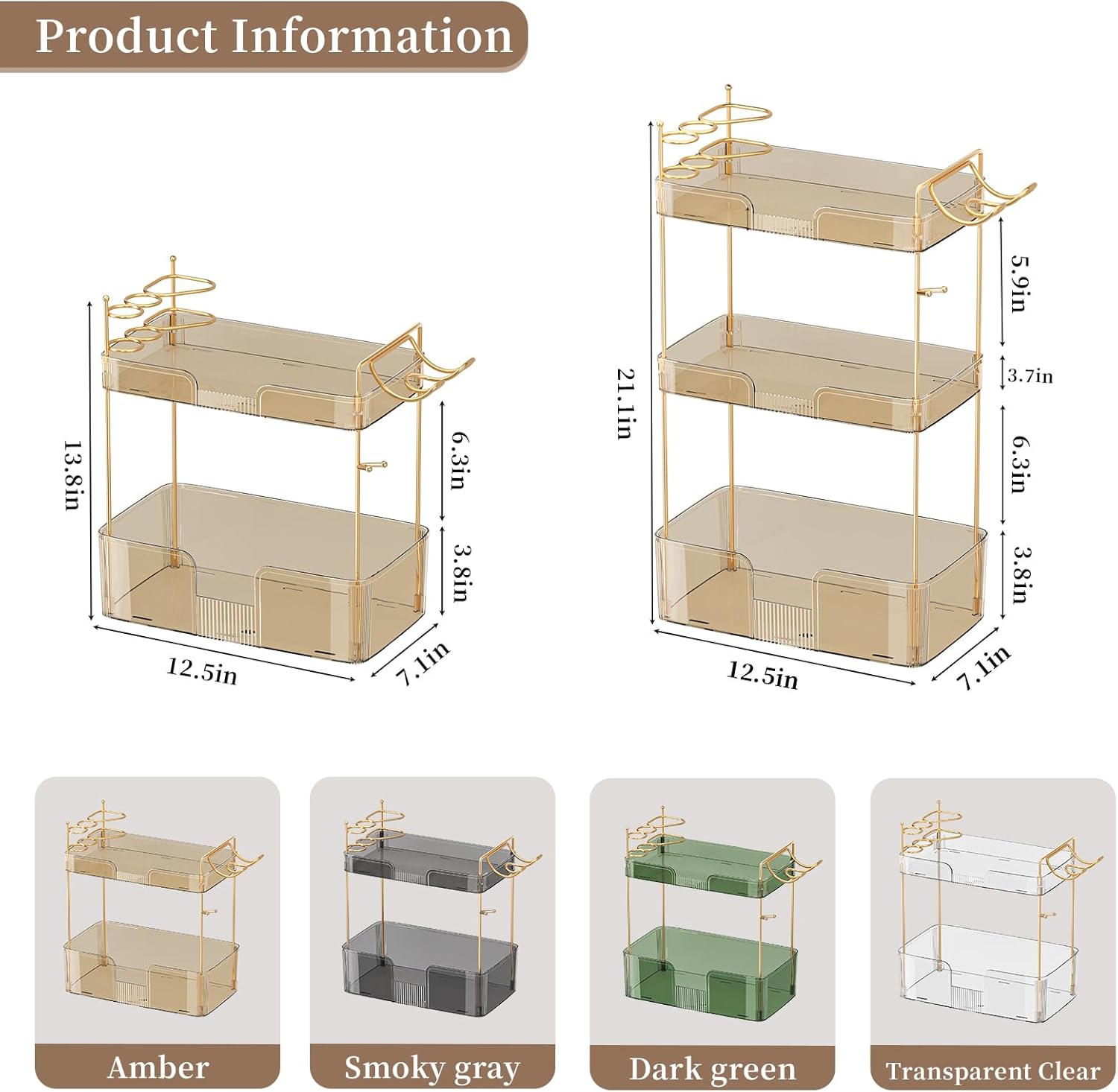 YCIA&DONE Bathroom Counter Organizer, Large Makeup Organizer Countertop, Shelf Storage, Vanity Tray, Easily Assemble for Bathroom Organizers and Storage, Undersink, Cabinet,2 Tiers Amber