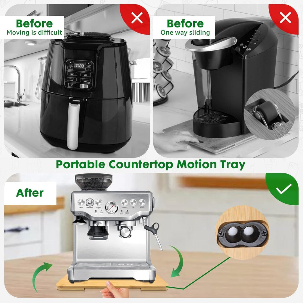 Appliance Slider 360° Rolling Tray for Coffee Maker Bamboo Coffee Pot Slider Tray for Countertop Rotation Sliding Tray with Wheels, Appliances Mat Easily from Under The Cabinet Natural(15.7"×13")