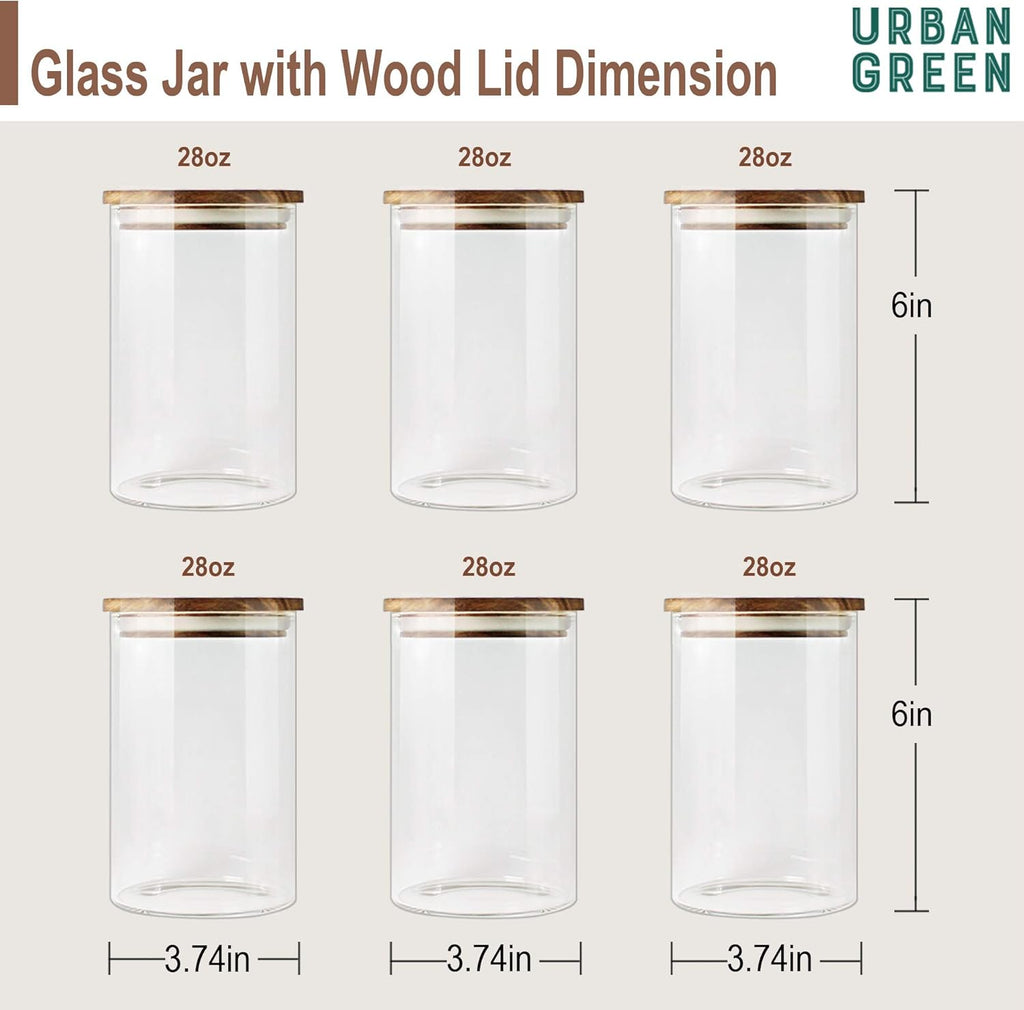 Urban Green Glass Jars with Airtight Lids, Airtight Canisters with Wood Lids, Glass Storage Containers with Bamboo Lid, Food Storage Containers Set (6 Pack of 27oz)