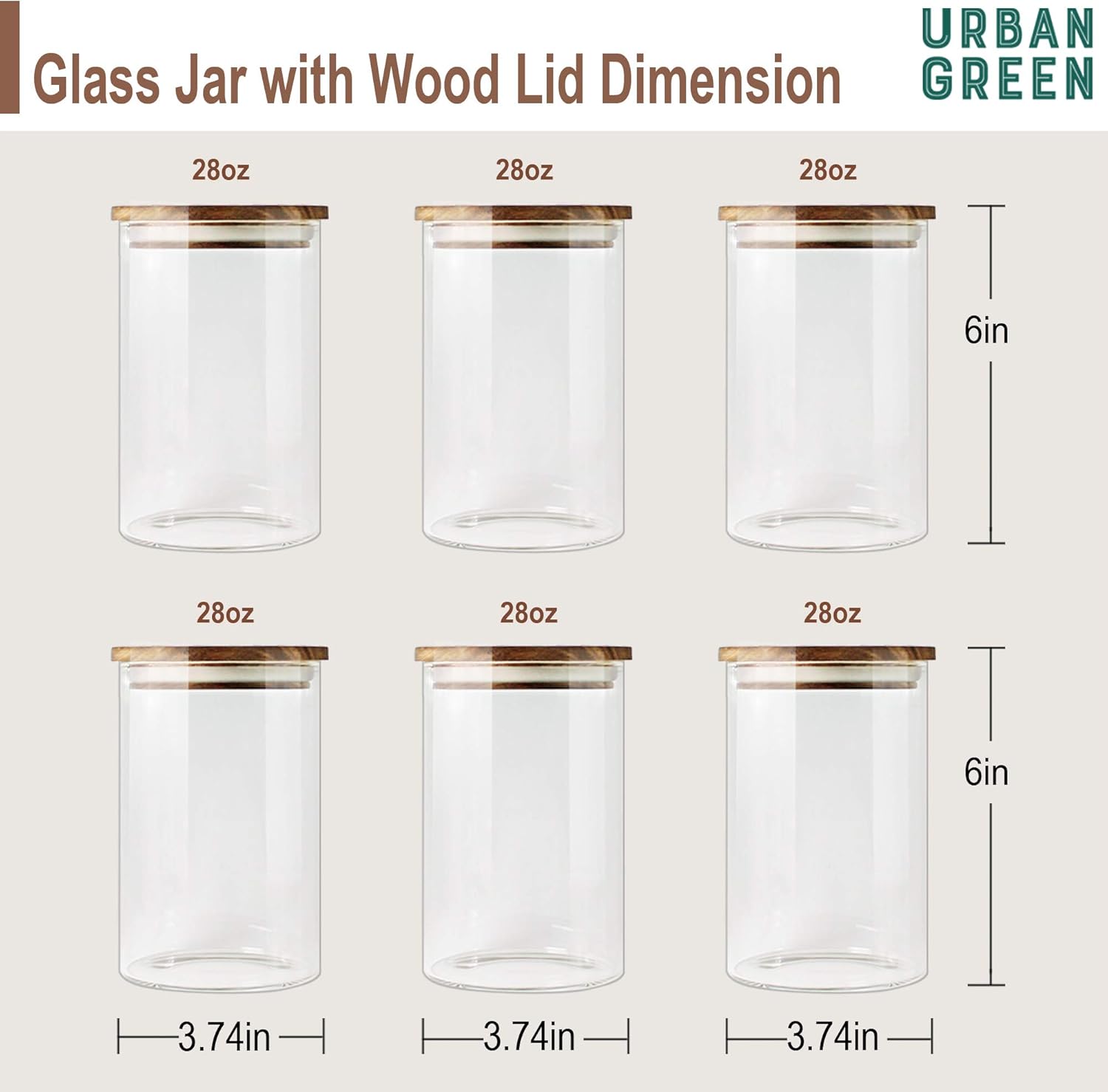 Urban Green Glass Jars with Airtight Lids, Airtight Canisters with Wood Lids, Glass Storage Containers with Bamboo Lid, Food Storage Containers Set (6 Pack of 27oz)