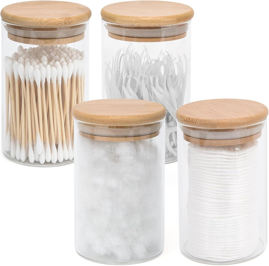 4 Pack Glass Qtip Holder Dispenser Set - Apothecary Jars with Lids for Vanity Makeup Organizer - Bathroom Canister Storage Organizer for Cotton Ball, Swab, Round Pads,Floss