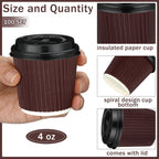 Uiifan 100 Set 4oz Disposable Espresso Cups with Lids Ripple Corrugated Paper Disposable Coffee Insulated Hot Ripple Cups for hot Chocolate, Tea, and Cocoa Drinks (Coffee Color)
