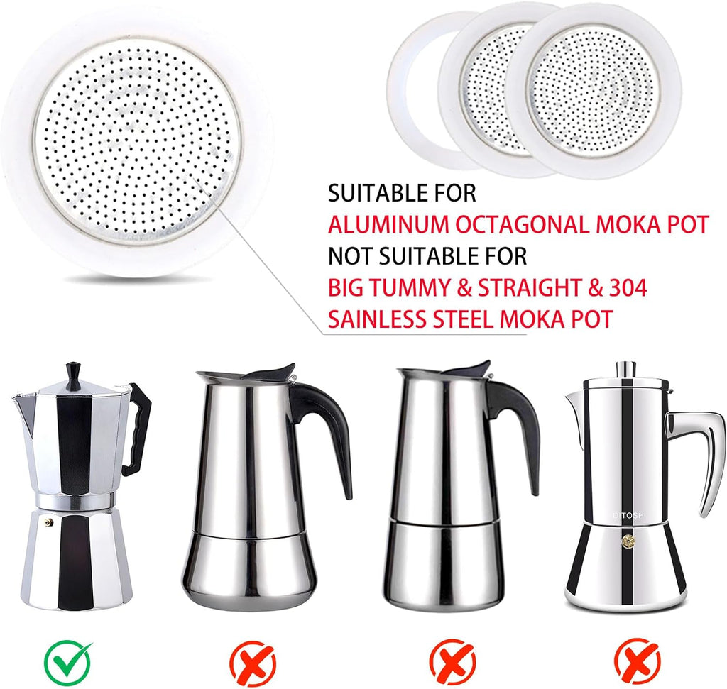 2 Pcs Filter with 3 Pcs Silicone Gasket Seals for 9 Cup Stovetop Espresso Coffee Maker Replacement Parts for DITOSH Aluminium Moka Pot