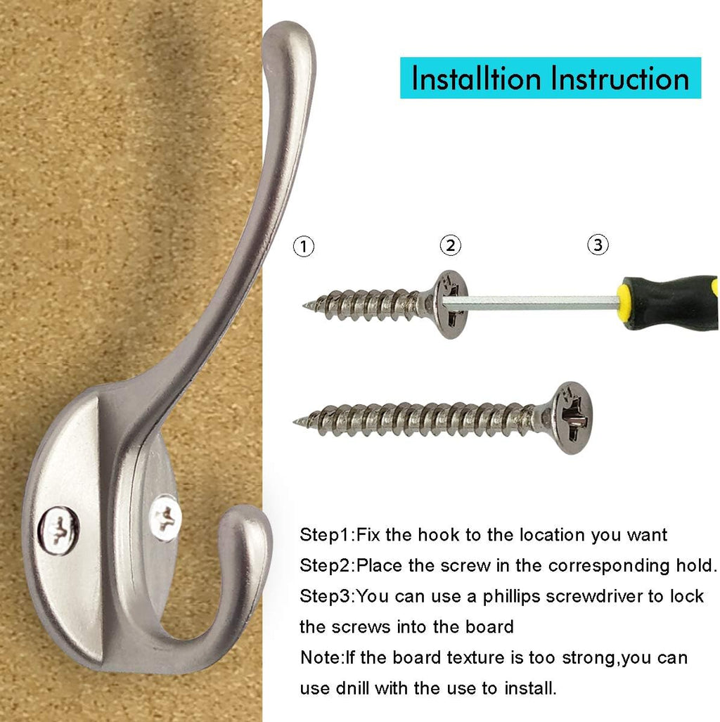 IBosins 10 Pack Heavy Duty Dual Coat Hooks Wall Mounted with 40 Screws Retro Double Hooks Utility Silvery Hooks for Coat, Scarf, Bag, Towel, Key, Cap, Cup, Hat (Silvery)