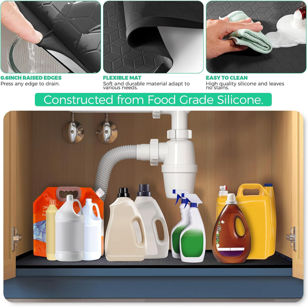 TRZZ Silicone Waterproof Under Sink Mat 31" x 22", Drip Tray and Cabinet Liner for Kitchen and Bathroom, Prevents Water Damage and Organizes Cabinets (Black)