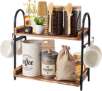 Coffee Bar Accessories, 2-Tier Coffee Bar Organizer with 4 Coffee Cup Holder Hooks, Mul-tifunctional Wooden Beaded Coffee Station Countertop Stand Shelf for Kitchen Home Office