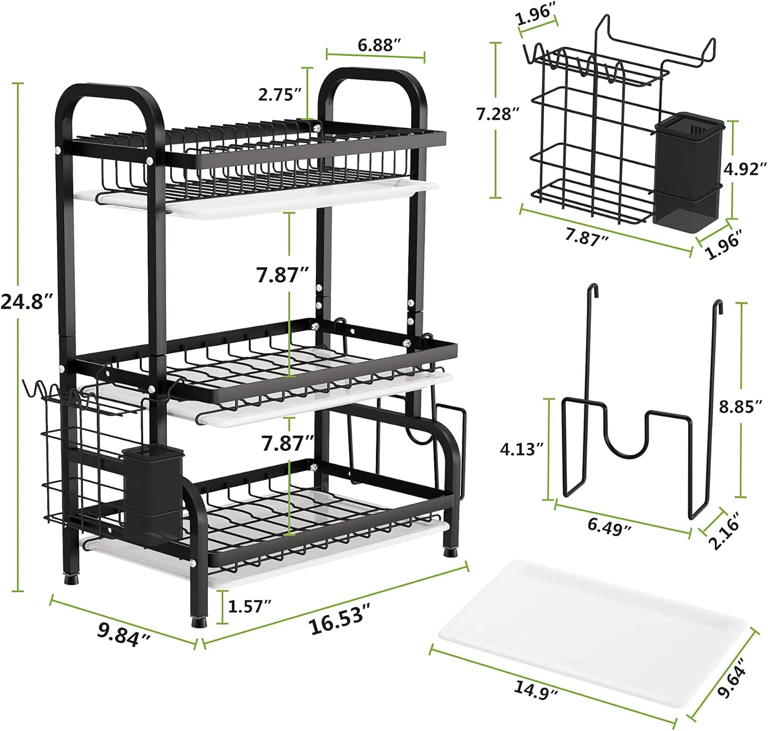1Easylife Drying Rack, Metal 3-Tier Large Capacity Dish Rack with Utensil Holder, Cutting Board Holder, Drain Board Tray for Kitchen Counter Storage (Black)