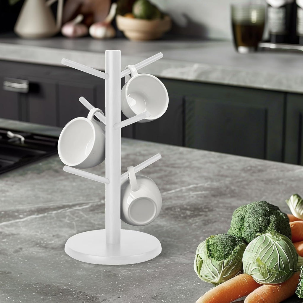 Wooden Mug Holder Tree, Coffee Cup Holder, Mug Organizer with 6 Hooks (White)