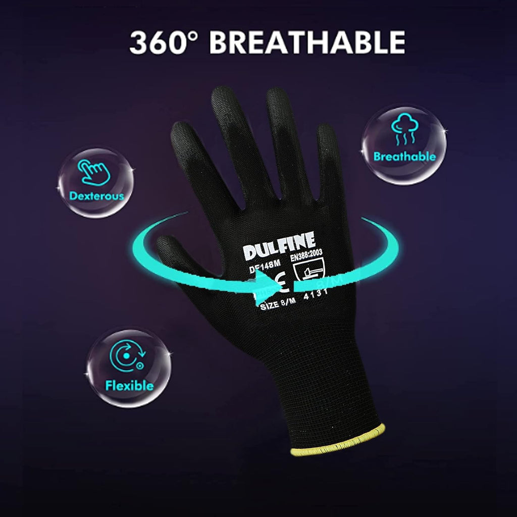DULFINE Ultra-Thin PU Coated Work Gloves-12 Pairs,Excellent Grip,Nylon Shell Black Polyurethane Coated Safety Work Gloves, Knit Wrist Cuff,Ideal for Light Duty Work. (Extra Large)