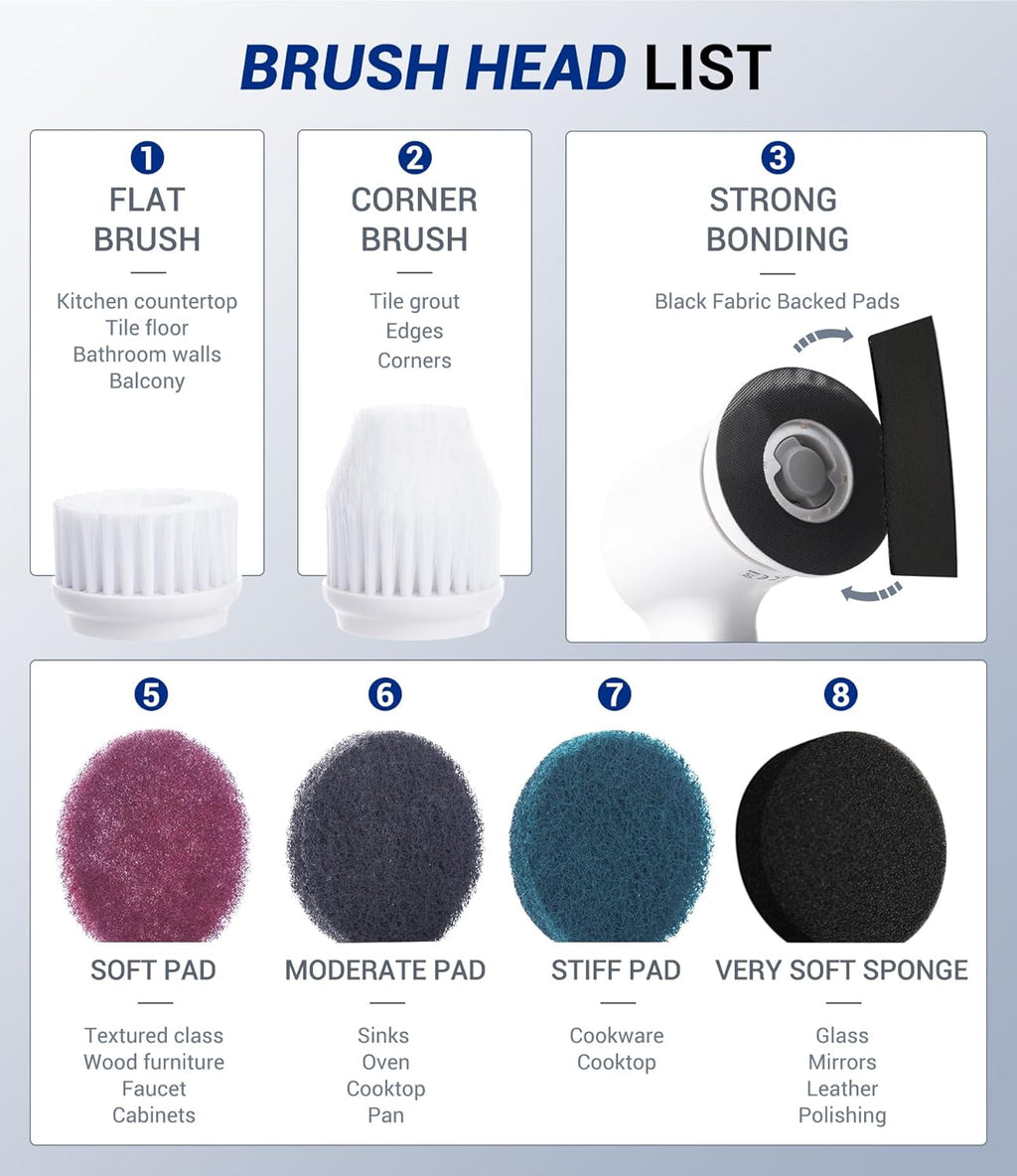 AIRSEE Cordless Electric Spin Scrubber, Handheld Power Shower Cleaner Brush, 2 speeds, 6 Replaceable Brush Heads for Cleaning Floor, Window, Bathroom, Kitchen, for Elderly & Busy Family