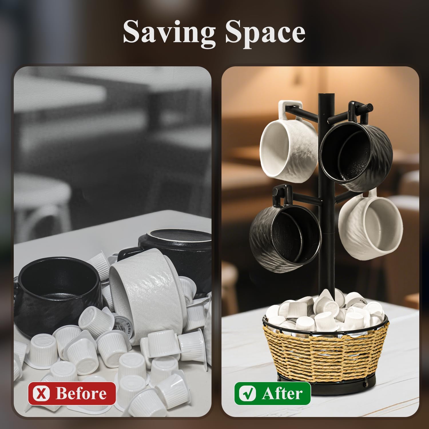 Wood Mug Holder Tree With Woven Basket, 4 Hooks Coffee Mug Holder, Countertop Mug Tree For Kitchen Counter Cabinet Coffee Bar Accessories Cup Display Organizer Hanger(Black)