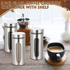Suclain Stainless Steel Coffee Grounds Canisters with Shelf 3 x 50oz Sugar Coffee Bean Storage Container with Airtight Threaded Lid, Glass Window, Scoop Kitchen Storage Jar Set for Bar Creamer Nut Tea
