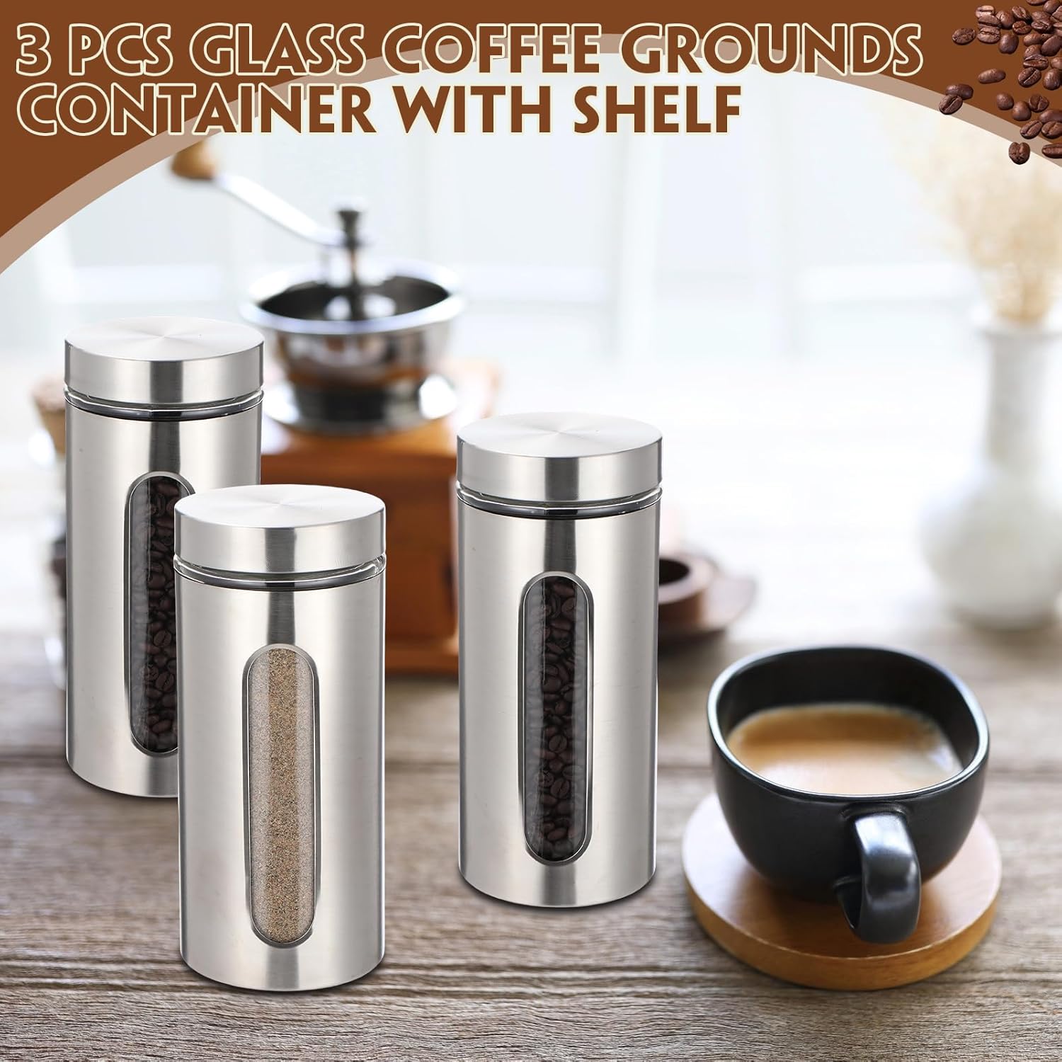 Suclain Stainless Steel Coffee Grounds Canisters with Shelf 3 x 50oz Sugar Coffee Bean Storage Container with Airtight Threaded Lid, Glass Window, Scoop Kitchen Storage Jar Set for Bar Creamer Nut Tea