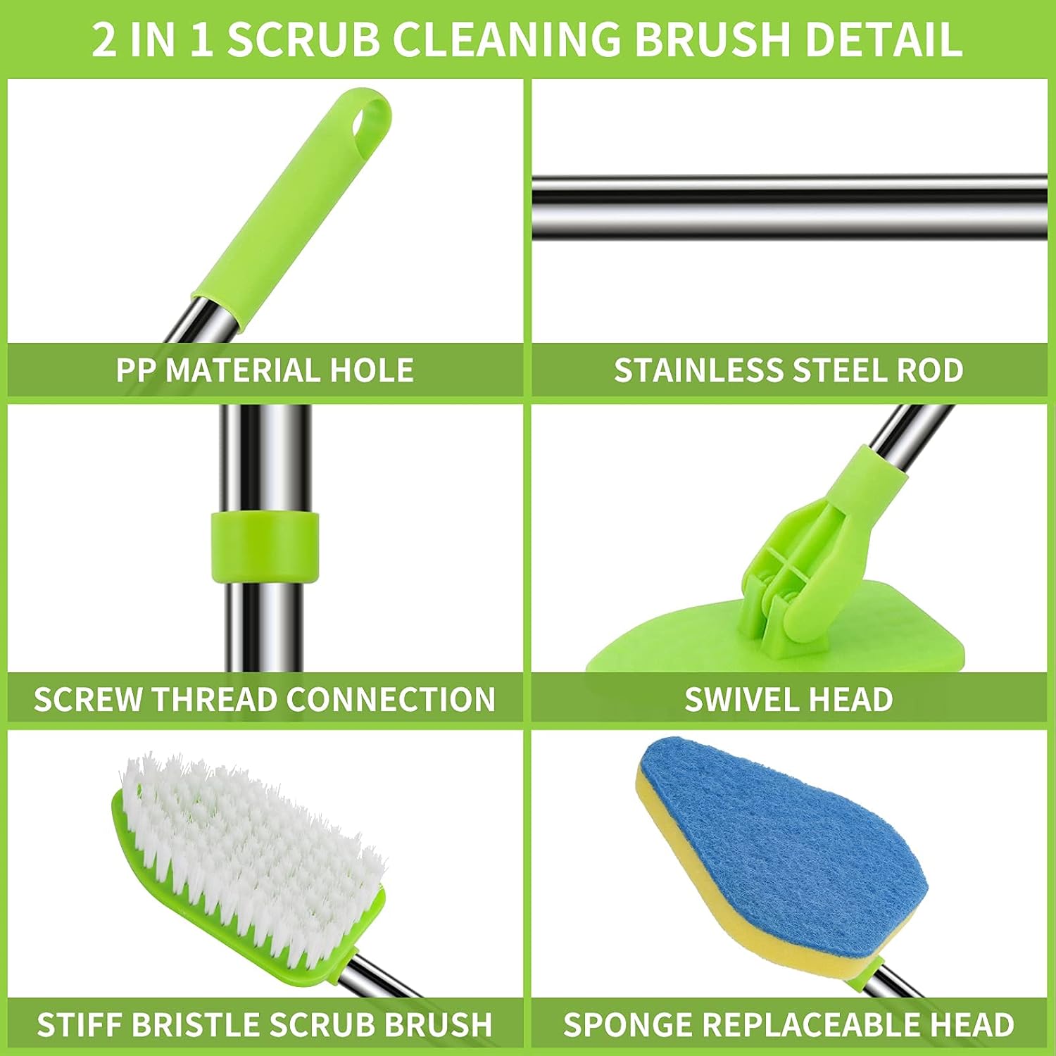 Scrub Cleaning Brush with Long Handle 35'' - Extendable Floor Scrubber with 1 Stiff Bristles & 3 Sponge Brush, Adjustable Lightweigh Detachable Kitchen Brush for Baseboard Shower Bathroom Bathtub Tile