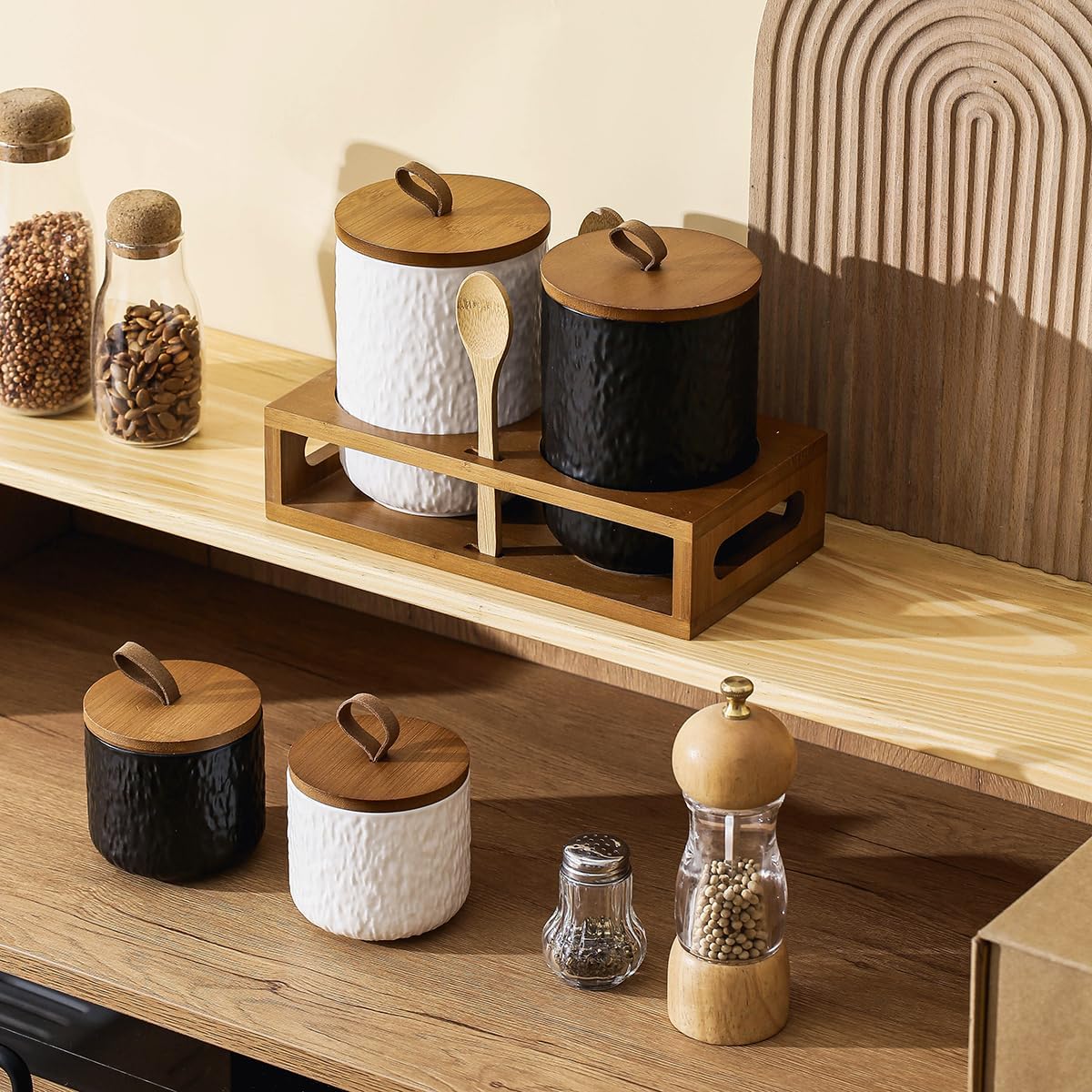 Black White Ceramic Coffee Canister Tea Canister with Seal Wood Lid, Airtight Coffee Storage Container for Coffee Bean, Ground Coffee, Sugar, Cookie Candy jar (White, 260ml)