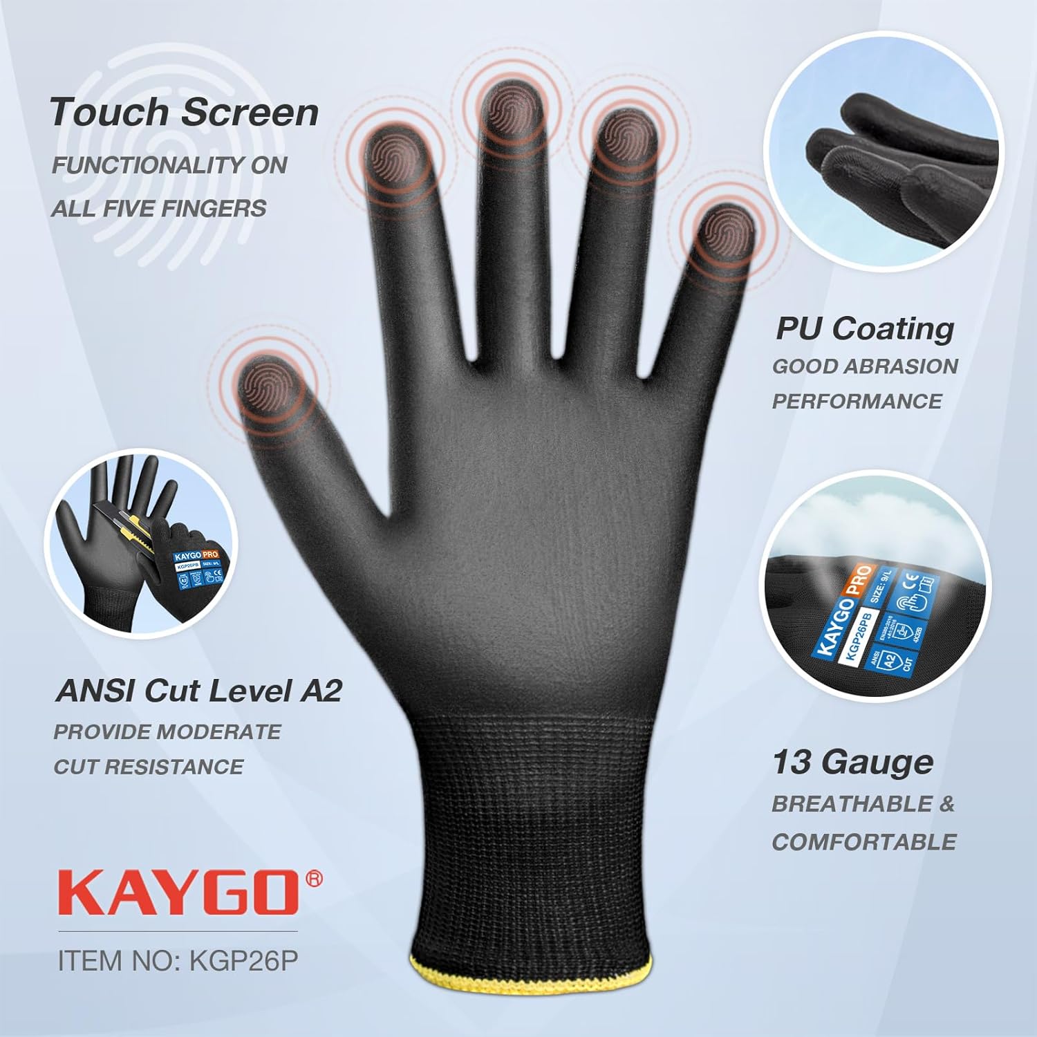 KAYGO Cut Resistant Gloves PU Coated, 12 Pairs Safety Work Gloves with full fingers Touchscreen, ANSI Cut Level A2, for Men and Women, Ideal for General Duty Work KG11P, Black,M