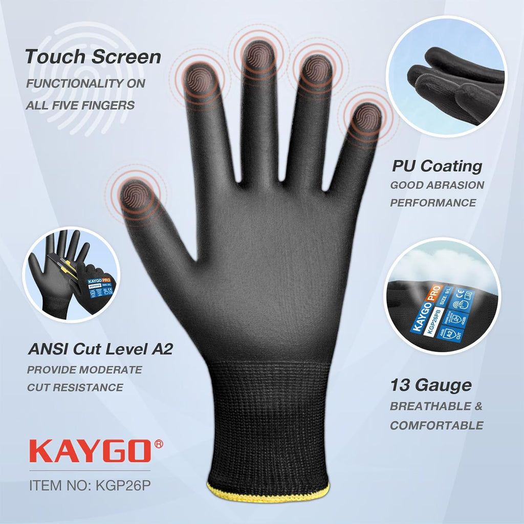 KAYGO Cut Resistant Gloves PU Coated, 12 Pairs Safety Work Gloves with full fingers Touchscreen, ANSI Cut Level A2, for Men and Women, Ideal for General Duty Work KG11P, Black,XL