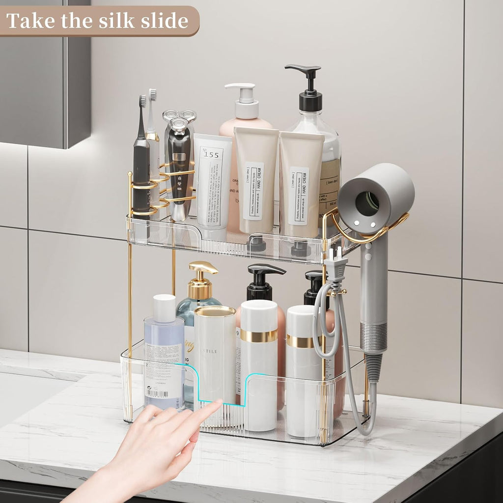 Bathroom Counter Organizer, Large Makeup Organizer Countertop, Shelf Storage, Vanity Tray, Easily Assemble for Bathroom Organizers and Storage, Undersink, Cabinet, 2 Tiers Clear