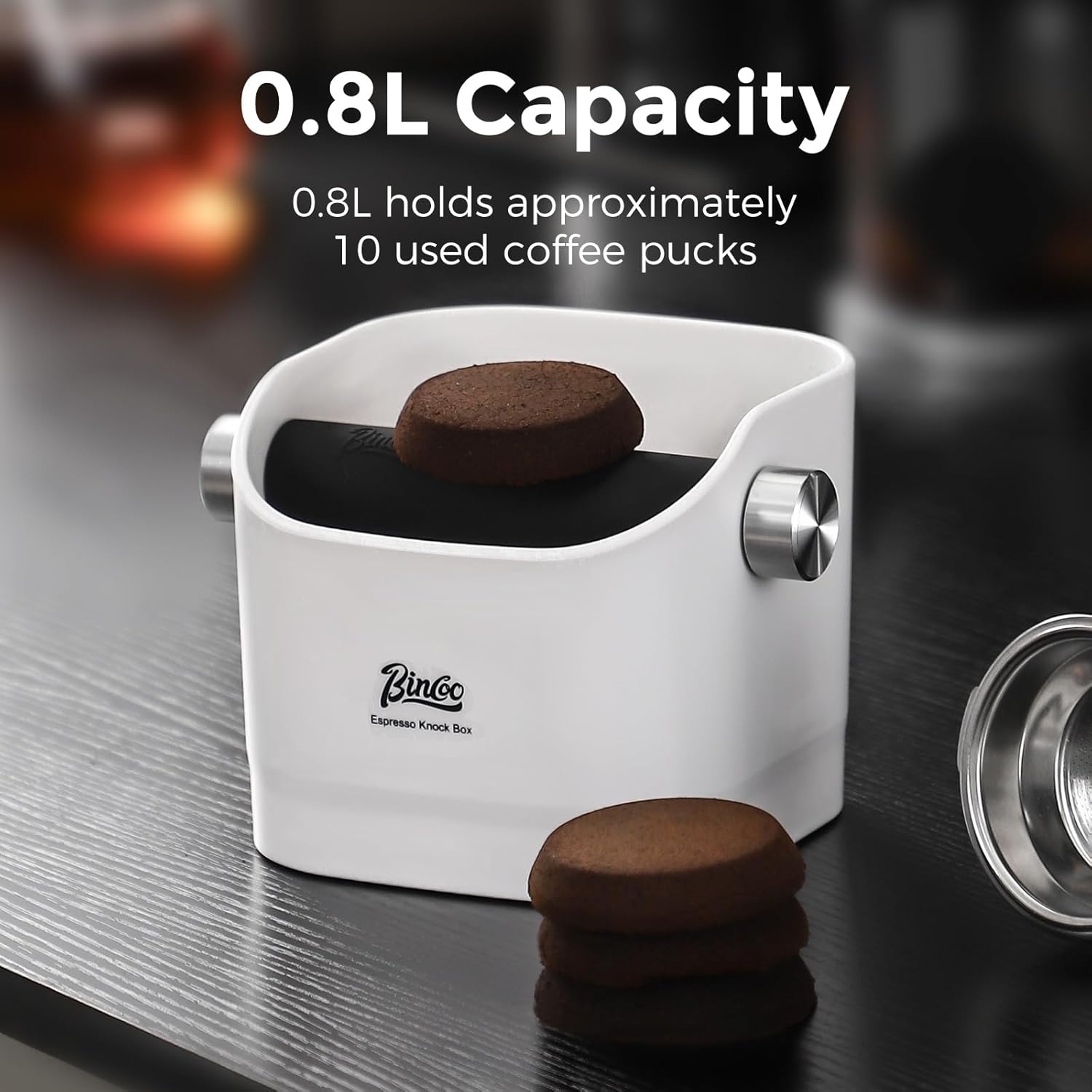 Bincoo Square Coffee Knock Box 0.8L – ABS Espresso Knock Bin with Non-Slip Base, Wide 4.6" Slanted Opening & Detachable Silicone Knock Bar for Easy Cleaning and Quiet Use(White(square))