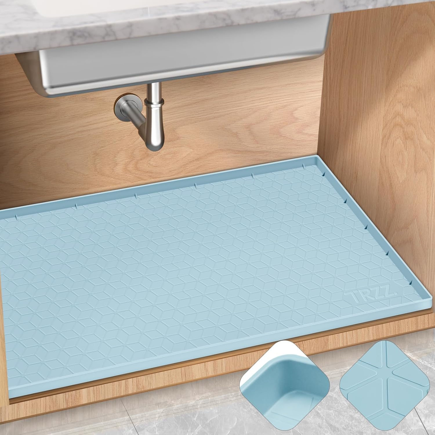 TRZZ Silicone Waterproof Under Sink Mat 22" x 19", Drip Tray and Cabinet Liner for Kitchen and Bathroom, Prevents Water Damage and Organizes Cabinets (Light Blue)