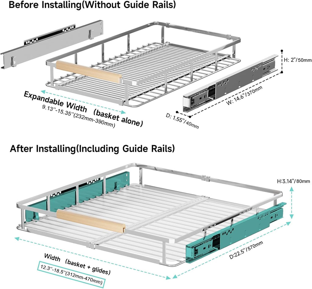 2Pack Expandable Pull Out Cabinet Organizer, Adjustable Width:12.3~18.5''W x 22.5''D Under Sink Organizer, Drawer Storage Shelves for Kitchen, Bathroom, Closet, Pantry, Cupboard, Pots, Pans