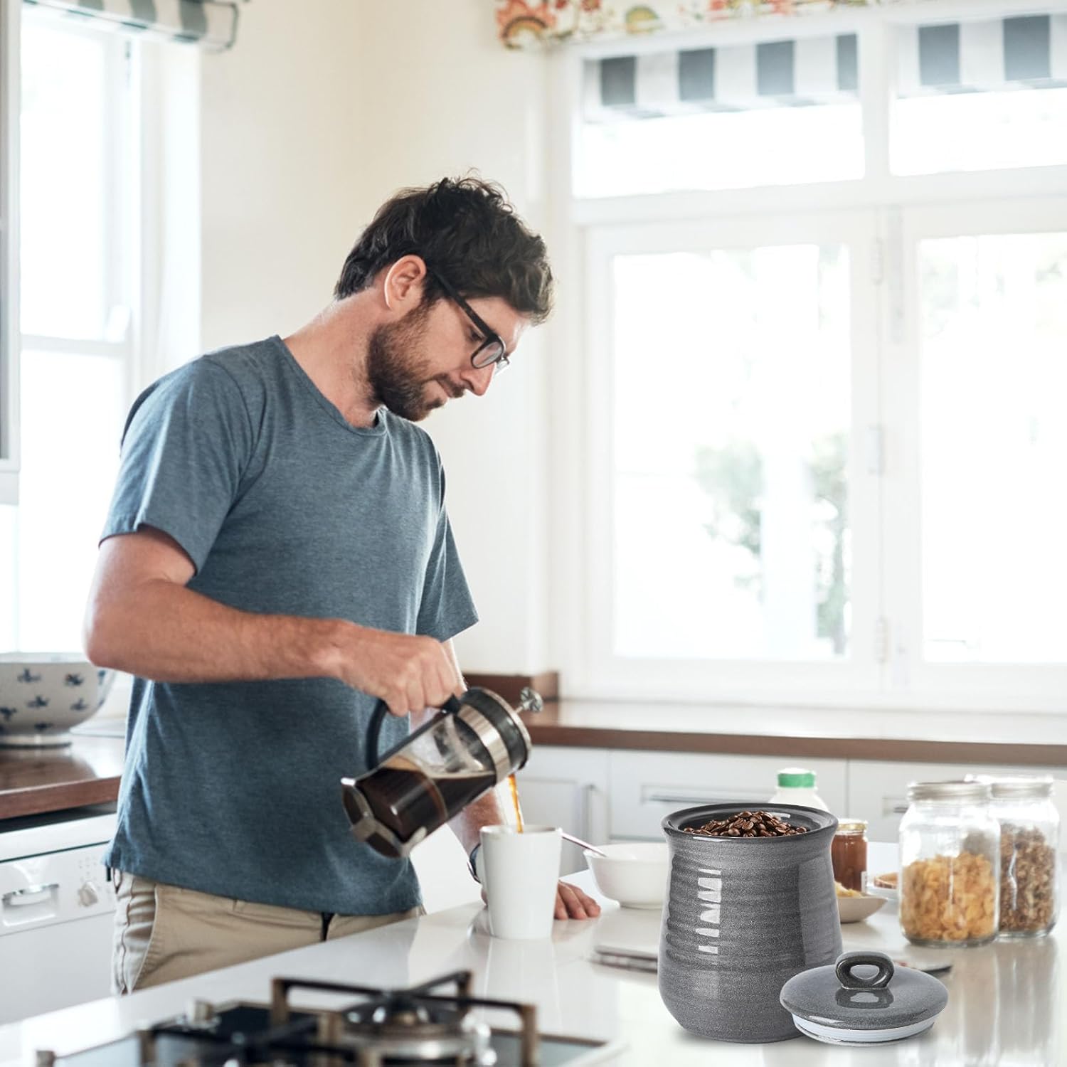 Hasense Coffee Canister with Airtight Lid, Porcelain Food Storge Container for Kitchen, Large Cookies Jar for Countertop, Ideal for Coffee Bean, Flour, Sugar, Cereal, 80 FL OZ(Grey)