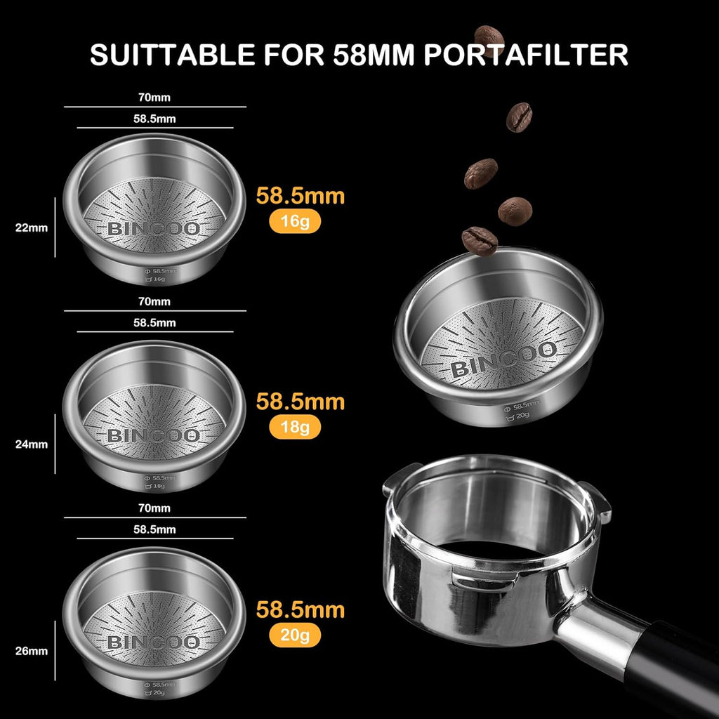 Bincoo Precision Espresso Filter Basket Compatible with 58mm Espresso Machine Portafilters,304 Stainless Steel Portafilter Basket for 16g/18g/20g,High-Precision Holes(18g- 58.5mm)