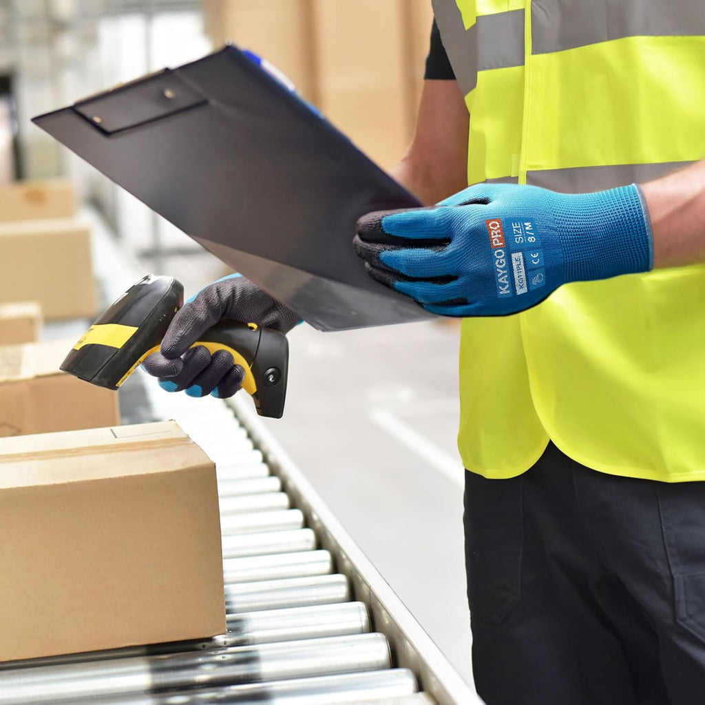 KAYGO Safety Work Gloves PU Coated for Men and Women- KG11PB,12 Pairs,Seamless Knit Glove with Two Fingers Touchscreen,Ideal for General Duty Work (2X-Large,Blue)