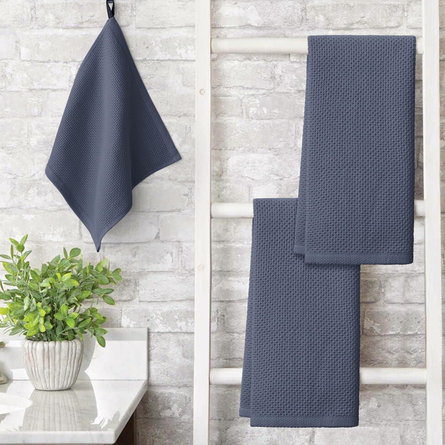 Artoid Mode 100% Cotton Navy Blue Dark Grey Waffle Weave Kitchen Dish Cloths, 13x28 Inch Ultra Soft Absorbent Quick Drying Kitchen Dish Towels Set of 4, Multicolor