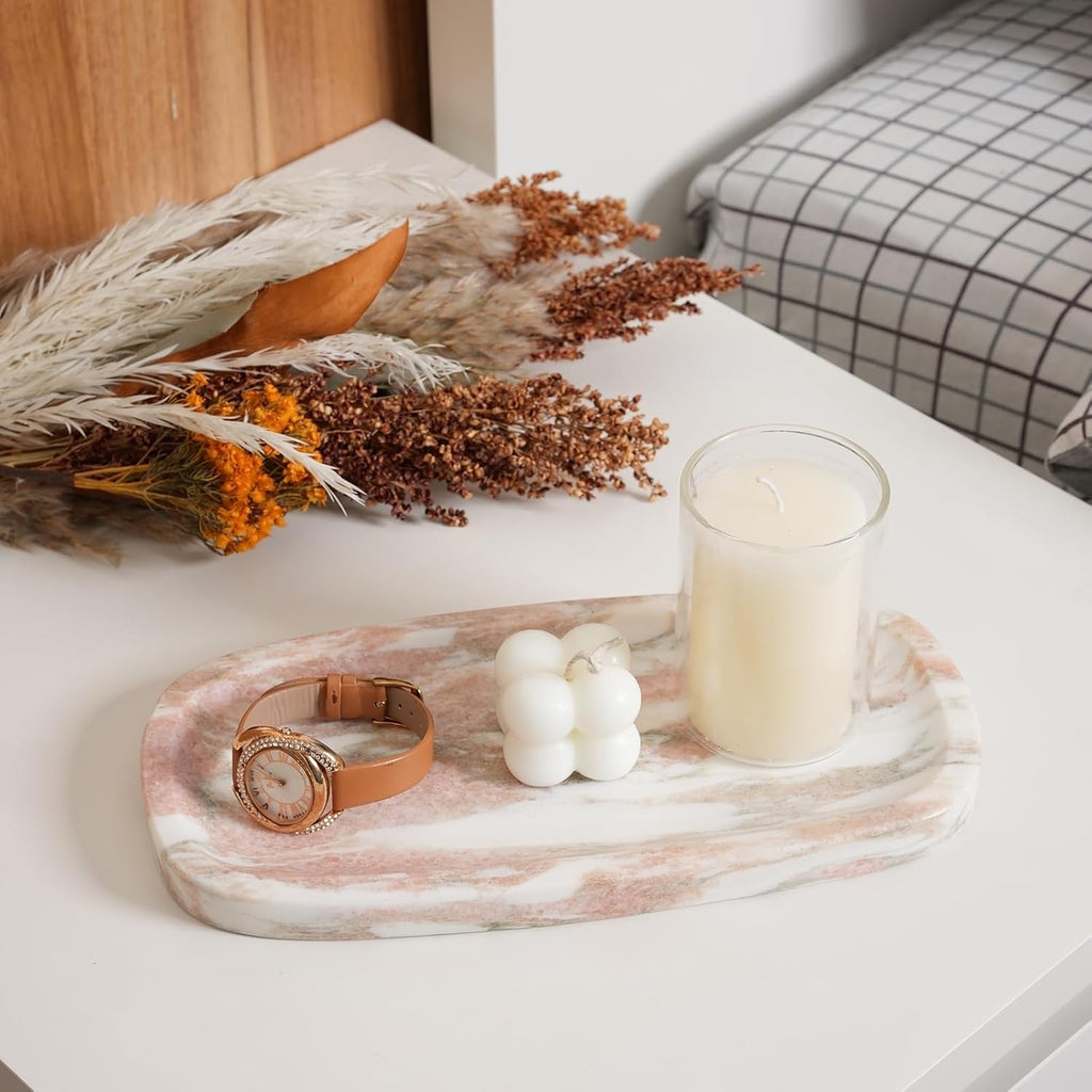 Koville Natural Marble Tray for Bathroom Countertop, Vanity Tray for Decor, Marble Bathroom Trays Stone Storage Trays for Perfume, Jewelry, Candles, Decorative Tray for Dresser Organizer(Norway Red)