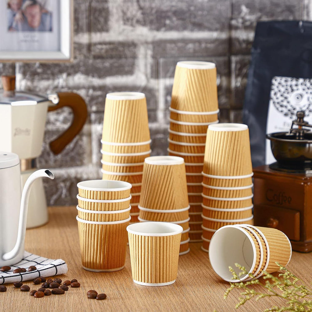 Yaomiao 200 Pcs 4 oz Disposable Espresso Coffee Cups Ripple Corrugated Paper Insulated Hot Cups for Party Cold Drinks Hot Beverage Tea(Kraft Paper Color)