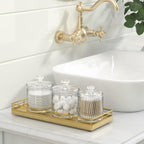 Bathroom Tray for Counter, Oak Wooden 11.2" L Decorative Vanity Tray for Dresser Tops, Kitchen Countertop Organizer, Gold Brushing