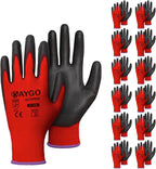 KAYGO Safety Work Gloves PU Coated for women, 12 Pairs Seamless Knit Glove with Polyurethane Coated Smooth Grip on Palm and Fingers, Ideal for General Duty Work, KG11P (XS, Red)