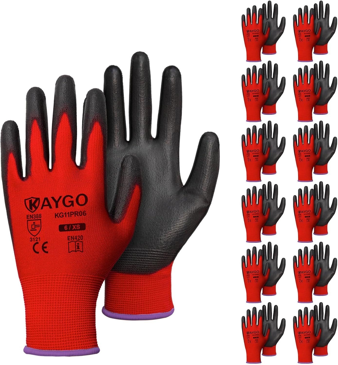 KAYGO Safety Work Gloves PU Coated for women, 12 Pairs Seamless Knit Glove with Polyurethane Coated Smooth Grip on Palm and Fingers, Ideal for General Duty Work, KG11P (XS, Red)
