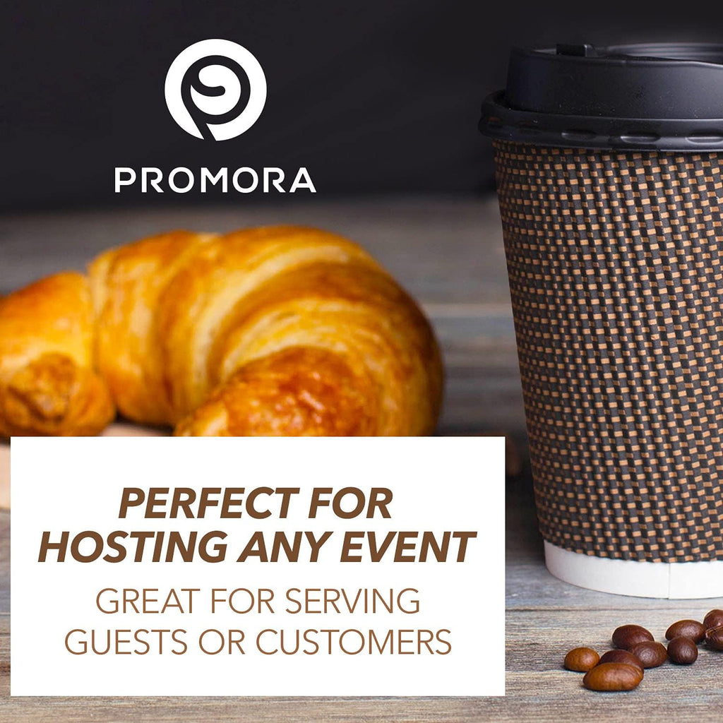 Promora Brown Disposable Coffee Cups With Lids 12 oz, Premium Insulated Paper Ripple Cups for Hot Coffee, Paper Cups 12 oz Coffee Cups 12 oz, Paper Coffee Cup with Lids (80 Pack)
