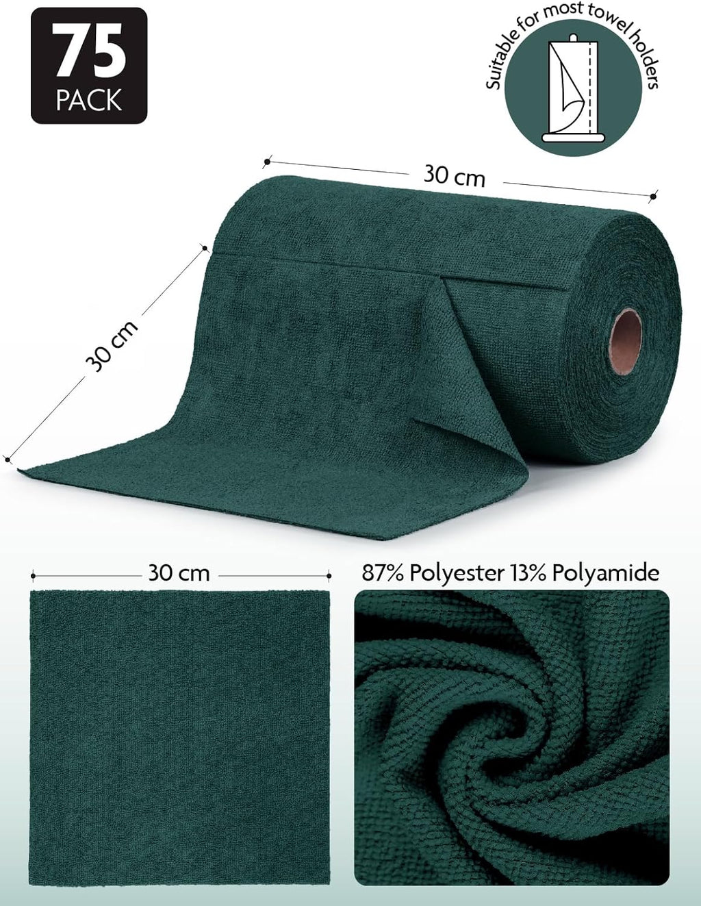 Fantasticlean Microfiber Cleaning Cloth Roll -75 Pack, Tear Away Microfiber Towels, 12" x 12", Reusable, Washable, Scratch Free, Ultra Absorbent for Car, Home Supplies (Forest Green)