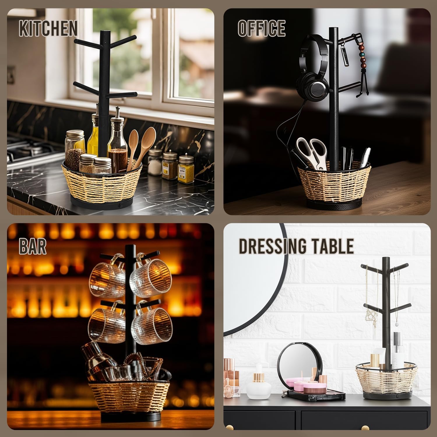 Wood Mug Holder Tree With Woven Basket, 4 Hooks Coffee Mug Holder, Countertop Mug Tree For Kitchen Counter Cabinet Coffee Bar Accessories Cup Display Organizer Hanger(Black)