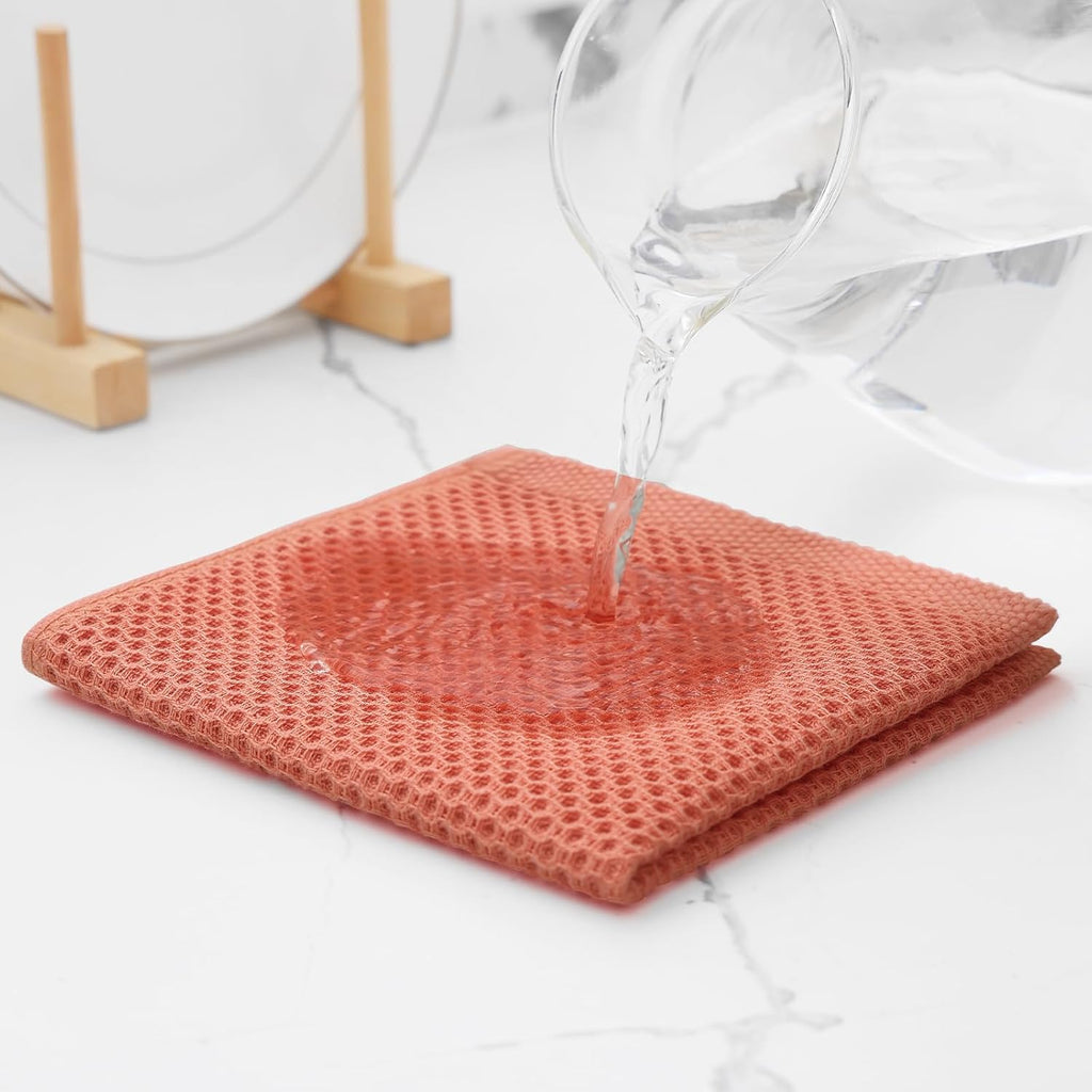 Kitinjoy 100% Cotton Kitchen Dish Cloths, 6 Pack Waffle Weave Ultra Soft Absorbent Dish Towels for Drying Dishes Quick Drying Kitchen Towels Dish Rags, 12 X 12 Inches, Coral