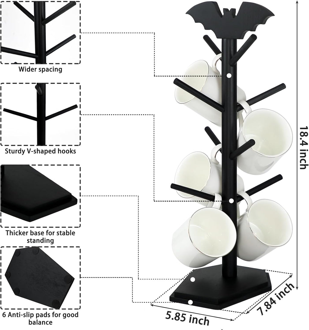 Bat Mug Holder Tree - 8 Hooks Coffee Mug Rack - Gothic Home Decor Wood Coffee Mug Tree for Countertop - Coffee Cup Holder for Halloween Kitchen Organizer & Coffee Bar Accessories, Black