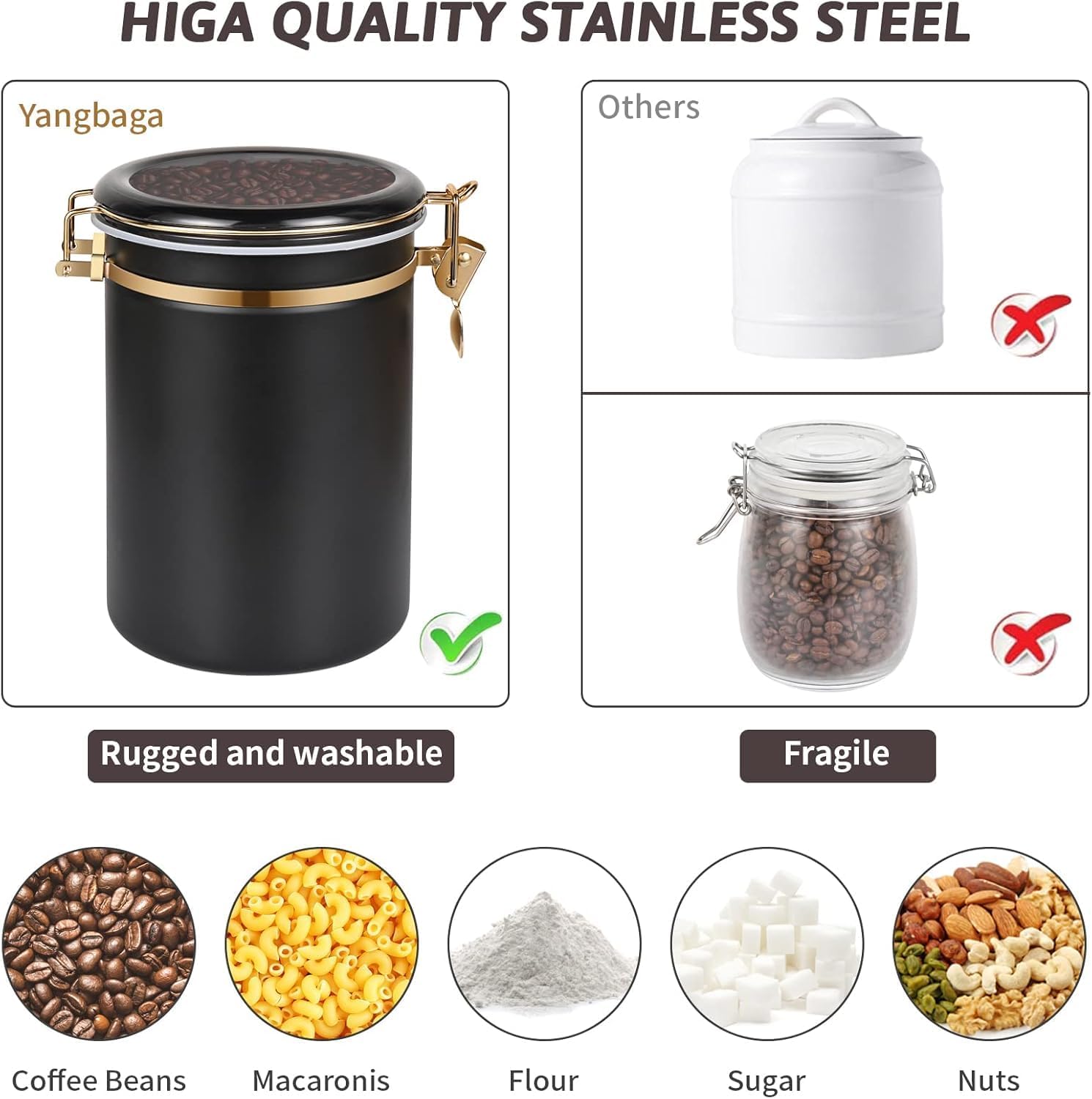 Yangbaga 304 Stainless Steel Coffee Canisters for Ground Coffee,3 x 63 OZ Coffee Container with Shelf Coffee Bean Storage, Food Storage Jar with Gold Airtight Locking Clamp and Spoon for Kitchen